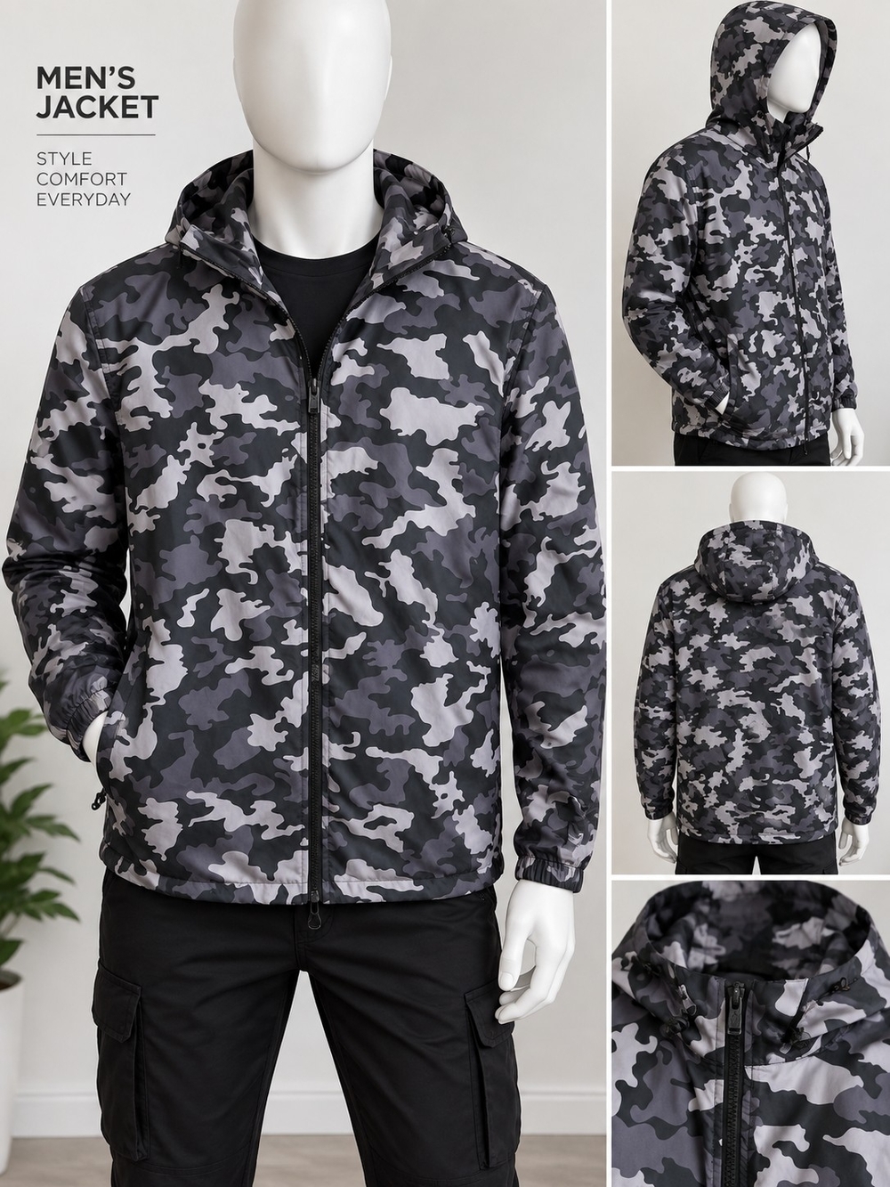 Nike Men's Hooded Windbreaker Jacket - Black & Gray Camo